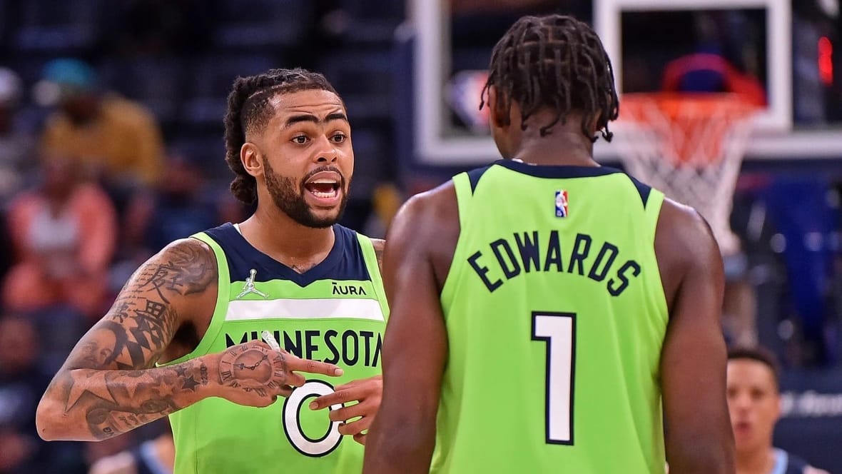 d'angelo russell anthony edwards minnesota timberwolves finger-pointing