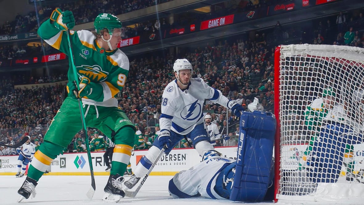 Kirill Kaprizov near goal minnesota wild