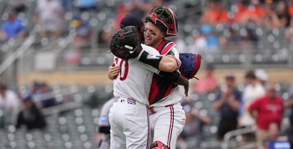 May 14, 2026; Minneapolis, Minnesota, USA; Minnesota Twins pitcher Kendry Rojas (60) and catcher Ryan Jeffers (27) celebrate after defeating the Miami Marlins at Target Field.
