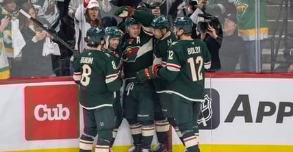 Kirill Kaprizov celebrates goal - NHL Stanley Cup Playoffs-Vegas Golden Knights at Minnesota Wild