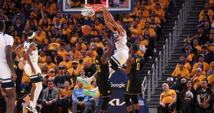 Rudy Gobert dunking on Draymond Green in the 2025 NBA Playoffs - Minnesota Timberwolves at Golden State Warriors