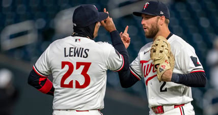 Royce Lewis and Kody Clemens celebrate in infield: Detroit Tigers at Minnesota Twins