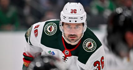 Minnesota Wild right wing Mats Zuccarello (36) looks on during the game between the Stars and the Wild in game five of the first round of the 2026 Stanley Cup Playoffs at American Airlines Center.