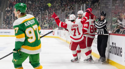 Dylan Larkin celebrates goal: Detroit Red Wings at Minnesota Wild