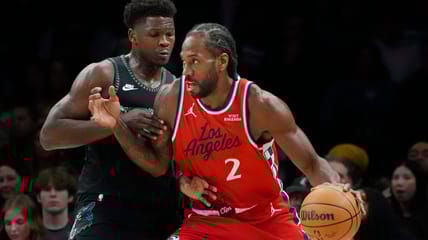 Kawhi Leonard being guarded by Anthony Edwards: Los Angeles Clippers at Minnesota Timberwolves