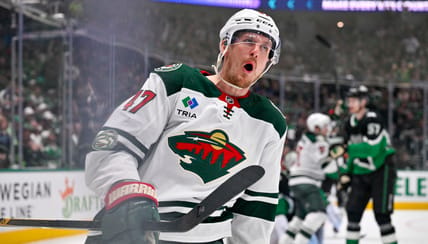 Michael McCarron celebrates playoff goal - Stanley Cup Playoffs-Minnesota Wild at Dallas Stars