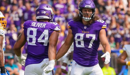 Minnesota Vikings tight ends Josh Oliver and TJ Hockenson - Los Angeles Chargers at Minnesota Vikings