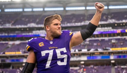 Sep 21, 2025; Minneapolis, Minnesota, USA; Minnesota Vikings offensive tackle Brian O'Neill (75) reacts towards the fans following the game against the Cincinnati Bengals at U.S. Bank Stadium. Mandatory Credit: Brad Rempel-Imagn Images
