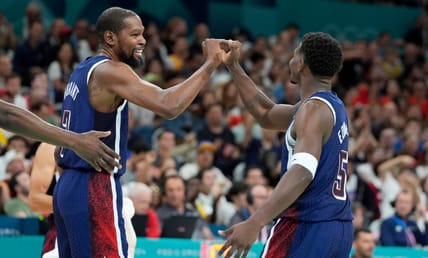 Minnesota Timberwolves star Anthony Edwards celebrating with Kevin Durant on Team USA