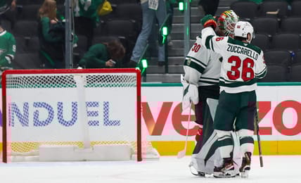 Jesper Wallstedt and Mats Zuccarello : Stanley Cup Playoffs-Minnesota Wild at Dallas Stars