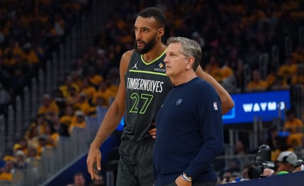 Rudy Gobert, Chris Finch - 2025 NBA Playoffs-Minnesota Timberwolves at Golden State Warriors