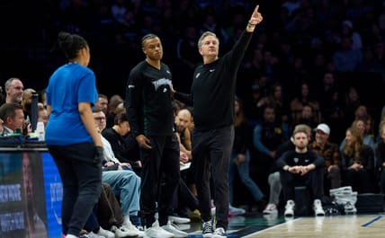 Jaylen Clark and head coach Chris Finch - Oklahoma City Thunder at Minnesota Timberwolves