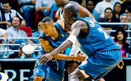 Stephon Marbury, Kevin Garnett - Minnesota Timberwolves old uniforms - blue with trees