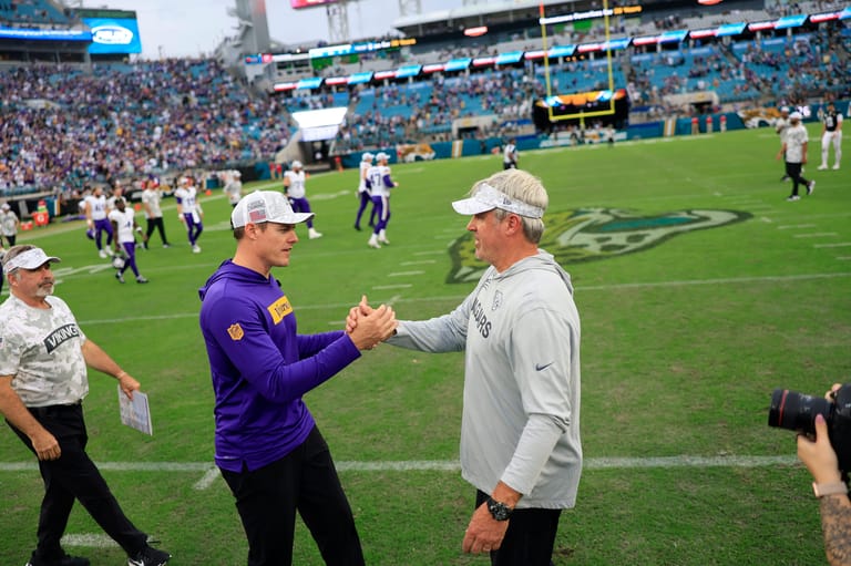 Minnesota Vikings head coach Kevin O'Connell shakes Jacksonville Jaguars head coach Doug Pederson after week 10 matchup