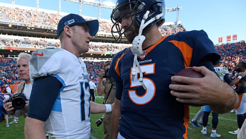 Minnesota Vikings rumored QB targets, Ryan Tannehill and Joe Flacco playing for the Titans and Broncos in 2019.