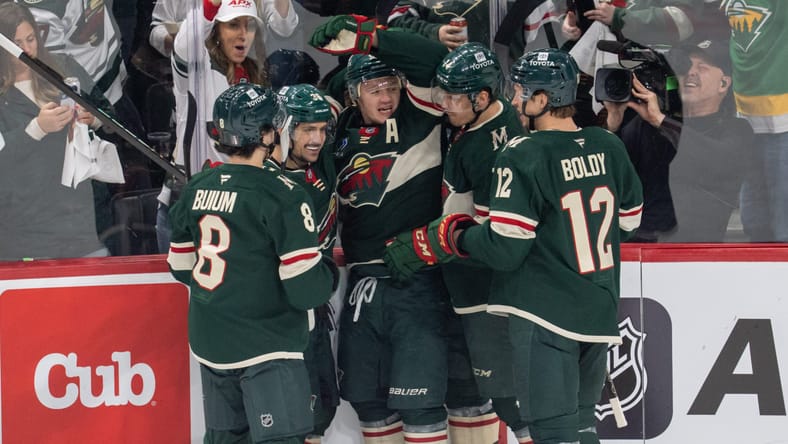 Kirill Kaprizov celebrates his second goal - NHL Playoffs - Vegas Golden Knights at Minnesota Wild