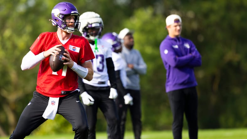 Minnesota Vikings practice - Carson Wentz with JJ McCarthy in the background