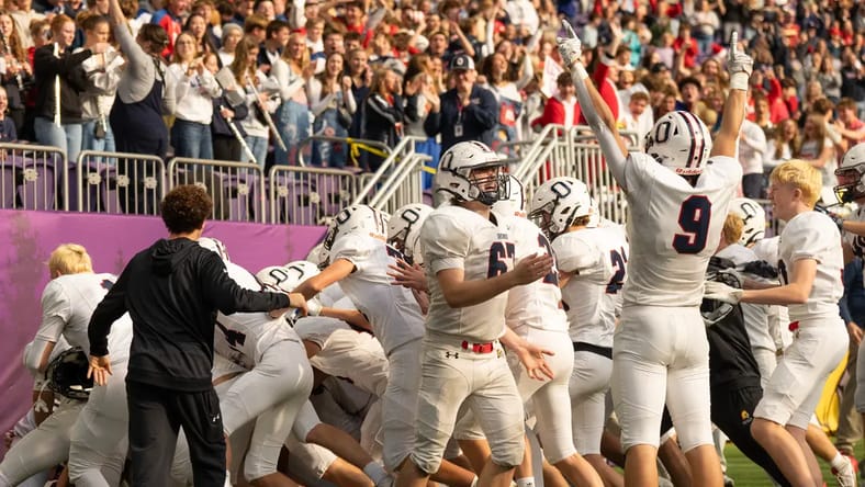Orono celebrates after beating Marshall in 2025 Minnesota 4A State Football Semifinals