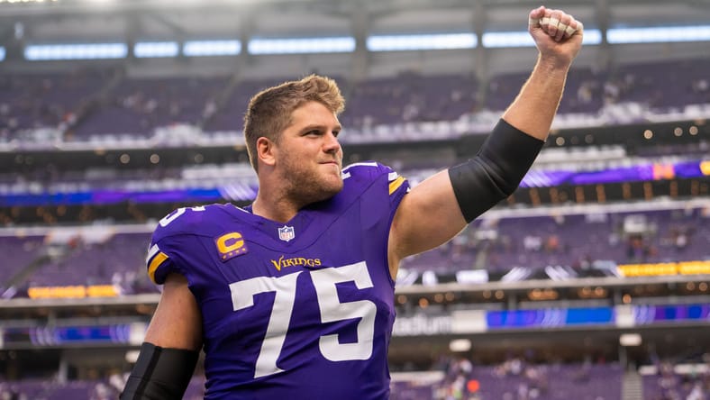 Sep 21, 2025; Minneapolis, Minnesota, USA; Minnesota Vikings offensive tackle Brian O'Neill (75) reacts towards the fans following the game against the Cincinnati Bengals at U.S. Bank Stadium. Mandatory Credit: Brad Rempel-Imagn Images