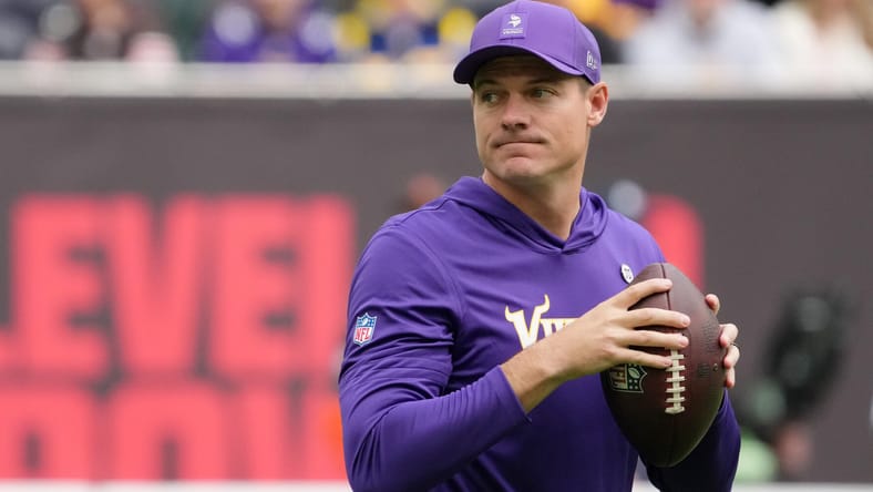 Oct 5, 2025; Tottenham, United Kingdom; Minnesota Vikings head coach Kevin O'Connell during warmups before an NFL International Series game between the Minnesota Vikings and the Cleveland Browns at Tottenham Hotspur Stadium. Mandatory Credit: Kirby Lee-Imagn Images