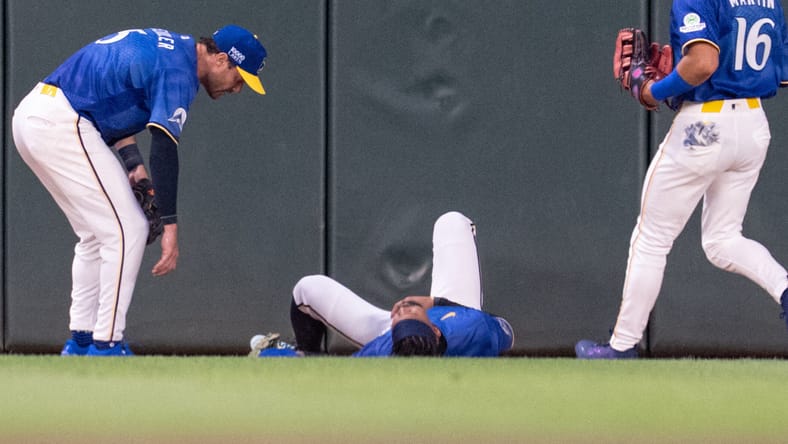 Jun 5, 2026; Minneapolis, Minnesota, USA; Minnesota Twins center fielder Byron Buxton (25) catches a fly ball hit by Kansas City Royals designated hitter Carter Jensen (22) and is injured on the play in the third inning at Target Field. Mandatory Credit: Matt Blewett-Imagn Images