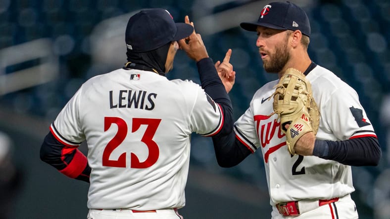 Royce Lewis and Kody Clemens celebrate in infield: Detroit Tigers at Minnesota Twins