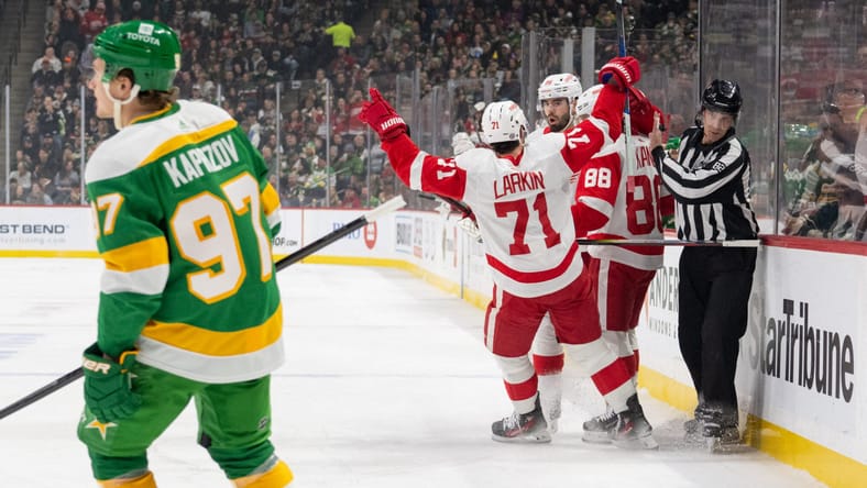 Dylan Larkin celebrates goal: Detroit Red Wings at Minnesota Wild