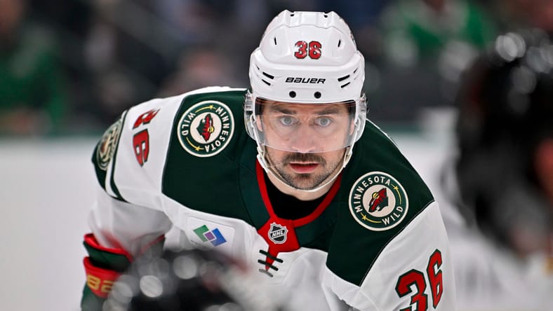 Minnesota Wild right wing Mats Zuccarello (36) looks on during the game between the Stars and the Wild in game five of the first round of the 2026 Stanley Cup Playoffs at American Airlines Center.