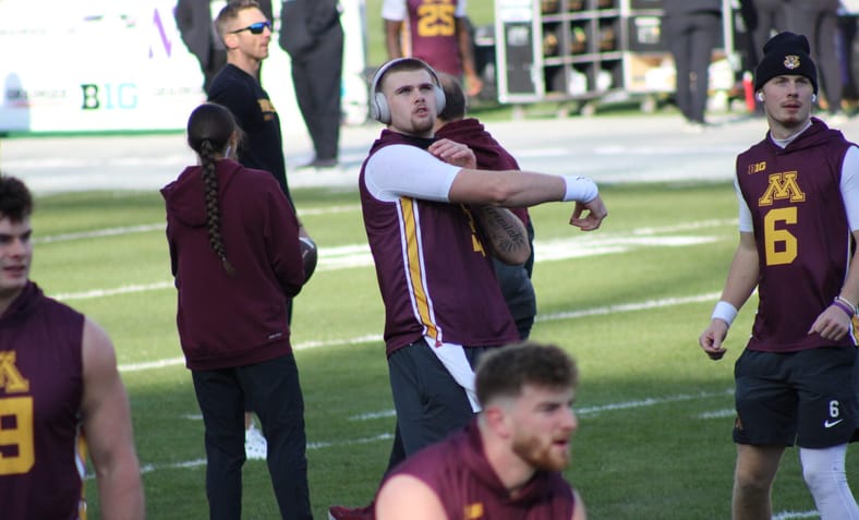 Drake Lindsey - Minnesota Gophers quarterback - warming up for game vs Northwestern at Wrigley Field (2025)