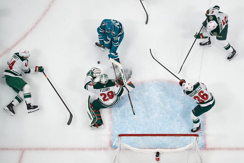 Travis Dermott, Marc-Andre Fleury and Mats Zuccarello - Minnesota Wild at San Jose Sharks
