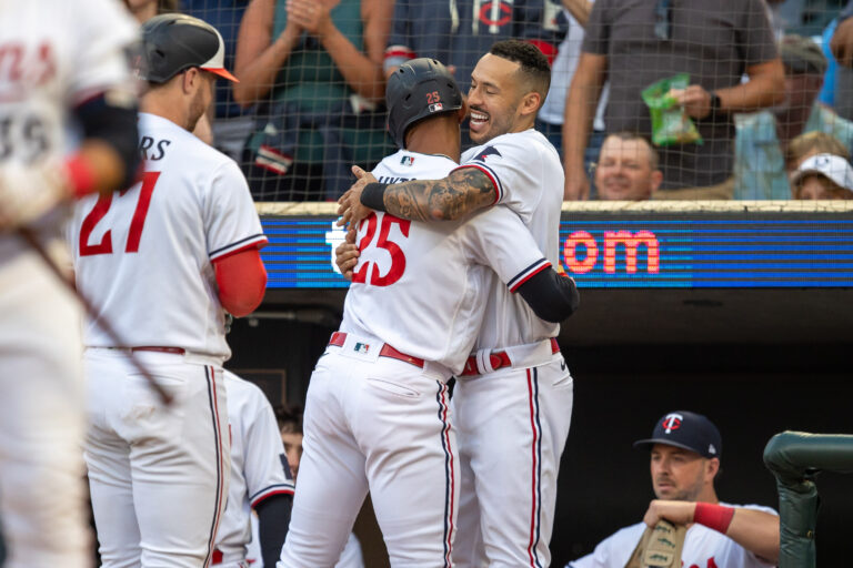 Byron Buxton hugs Carlos Correa: Chicago White Sox at Minnesota Twins