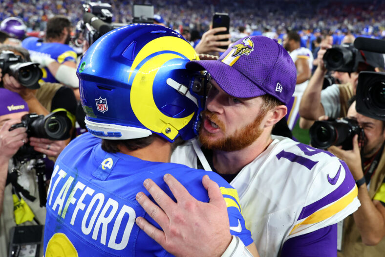 Sam Darnold embraces Matt Stafford after the 2025 NFC Wild Card Round matchup between the Minnesota Vikings at Los Angeles Rams