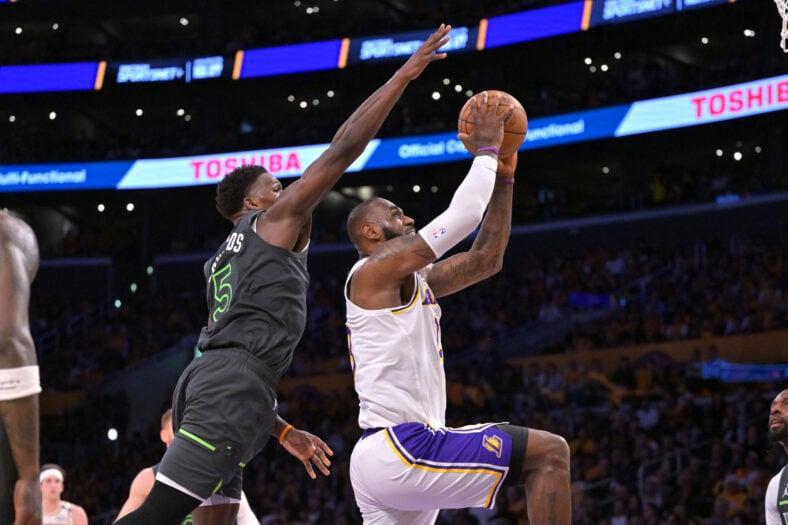 Anthony Edwards, LeBron James - NBA Playoffs-Minnesota Timberwolves at Los Angeles Lakers - Game 1