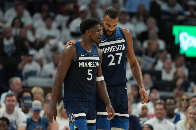 Rudy Gobert, Anthony Edwards - NBA Playoffs-Oklahoma City Thunder at Minnesota Timberwolves