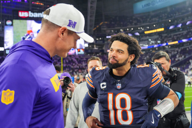 NFL: Chicago Bears QB Caleb Williams and Minnesota Vikings head coach Kevin O'Connell meet at midfield