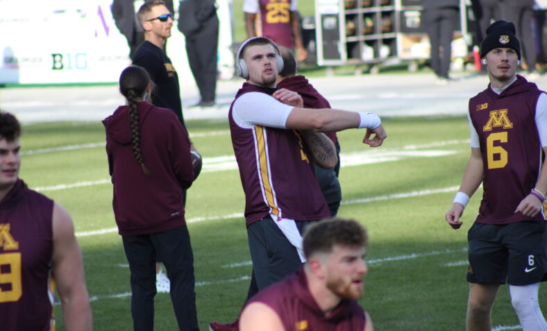 Drake Lindsey - Minnesota Gophers quarterback - warming up for game vs Northwestern at Wrigley Field (2025)